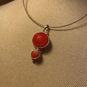 Sterling 925 SARDA Pendant Carved Cinnabar Signed Handcrafted in Bali